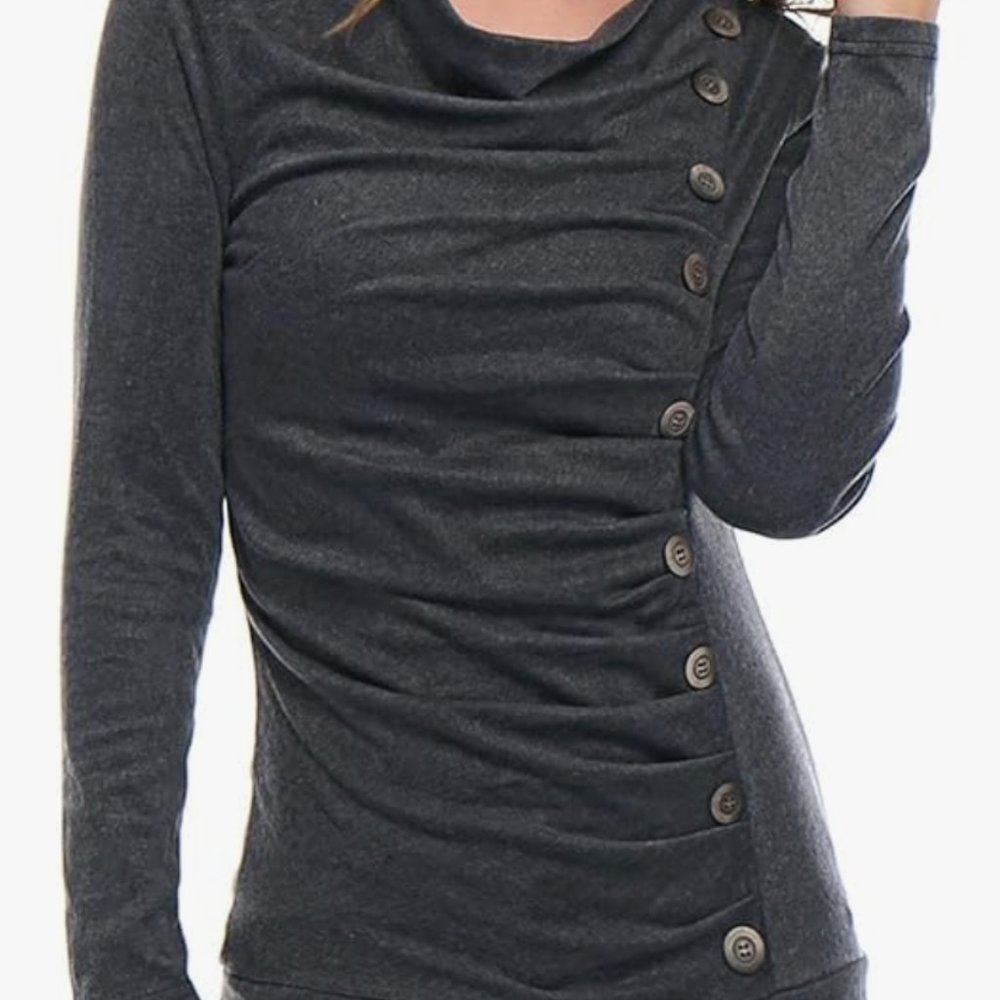 Cowl Neck Long Sleeves Buttons Decor Ruched Top